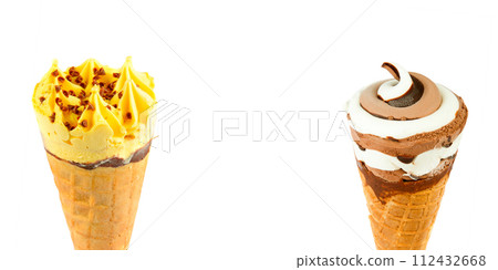 Ice cream in a waffle cone isolated on a white. There is free space for text. Collage. Wide photo. Ice cream in a waffle cone isolated on a white. There is free space for text. Collage. Wide photo. 112432668