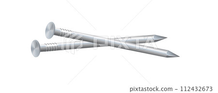 Nails hammered into wall steel straight and bent metal hardware spikes. Hobnails with grey caps top view isolated on transparent background. Vector 112432673