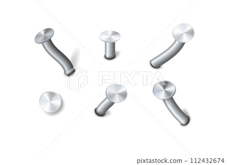 Nails hammered into wall steel straight and bent metal hardware spikes. Hobnails with grey caps top view isolated on transparent background. Vector Nails hammered into wall steel straight and bent metal hardware spikes. Hobnails with grey caps top view isolated on transparent background. Vector 112432674