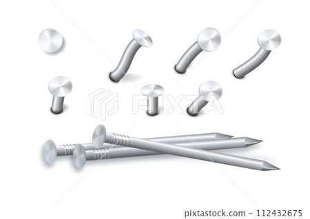 Nails hammered into wall steel straight and bent metal hardware spikes. Hobnails with grey caps top view isolated on transparent background. Vector Nails hammered into wall steel straight and bent metal hardware spikes. Hobnails with grey caps top view isolated on transparent background. Vector 112432675