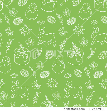 Easter outline seamless pattern with Easter cake. White doodle Easter bunny, basket, easter eggs and swallow on green background. Spring holiday design for decoration, wrapping, banner 112432913