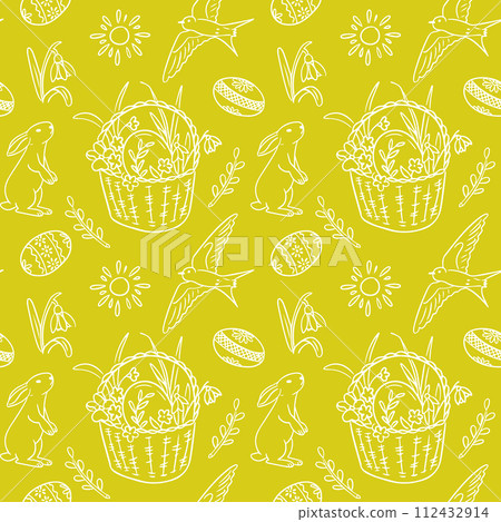 Easter seamless pattern with traditional items. White doodle Easter bunny, basket, easter eggs and swallow on yellow background. Spring holiday design for decoration, wrapping, banner 112432914