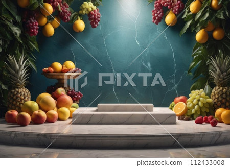 Summer natural mockup concept for product presentation. Empty marble podium and exotic fruits on blue background. Ai generation 112433008