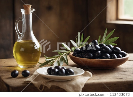 Ceramic bowls full of selected black olives and glass decanter of extra virgin olive oil stand on wooden table. Concept of Italian organic products and Mediterranean diet. Generation Ai 112433073