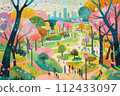 A painting of a park with a city in the background. The mood of the painting is peaceful and serene 112433097