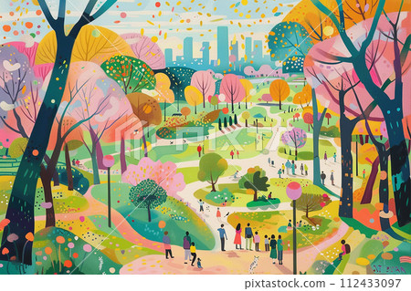 A painting of a park with a city in the background. The mood of the painting is peaceful and serene A painting of a park with a city in the background. The mood of the painting is peaceful and serene 112433097