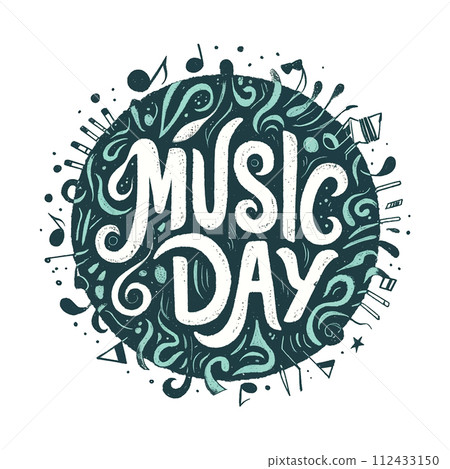 Music day. The design is colorful and playful, with a round shape and lots of musical notes and symbols. The font is bold and expressive. Music day. The design is colorful and playful, with a round shape and lots of musical notes and symbols. The font is bold and expressive. 112433150