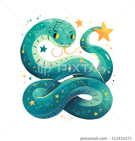 A green snake and stars around it. The snake is sitting on a white background 112433271