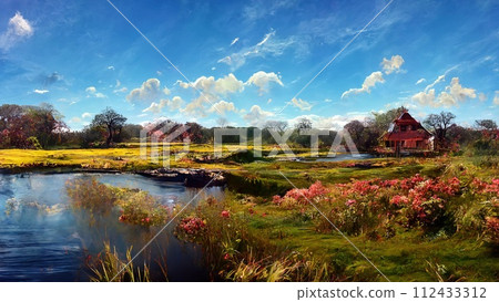Beautiful house on a green meadow with flowers near the lake. AI generated. 112433312