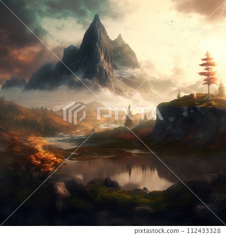 Beautiful landscape of a gorge with a lake in the fog with a background of snow-capped mountain peaks. AI generated. 112433328