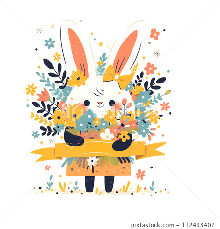 A rabbit holding a bouquet of flowers and a ribbon that says Happy Easter. The bunny is cute and the flowers are bright and colorful, giving the image a cheerful and festive mood A rabbit holding a bouquet of flowers and a ribbon that says Happy Easter. The bunny is cute and the flowers are bright and colorful, giving the image a cheerful and festive mood 112433402