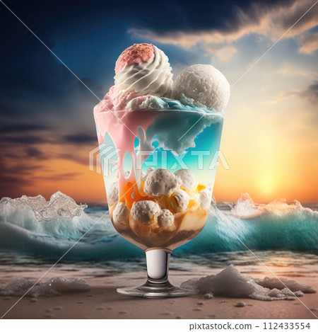 Colored balls of ice cream in a glass goblet against the background of sea waves and clouds in the sky. AI generated. 112433554