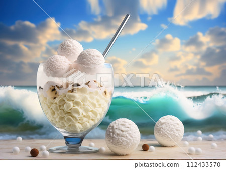 Colored balls of ice cream in a glass goblet against the background of sea waves and clouds in the sky. AI generated. 112433570