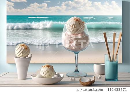 Colored balls of ice cream in a glass goblet against the background of sea waves and clouds in the sky. AI generated. 112433571