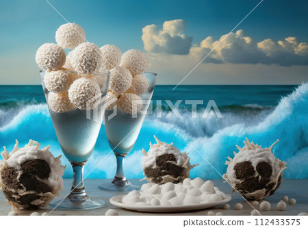 Colored balls of ice cream in a glass goblet against the background of sea waves and clouds in the sky. AI generated. 112433575