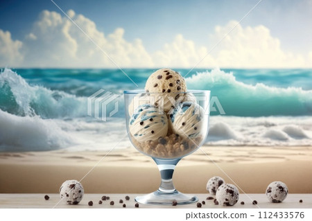 Colored balls of ice cream in a glass goblet against the background of sea waves and clouds in the sky. AI generated. 112433576