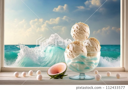 Colored balls of ice cream in a glass goblet against the background of sea waves and clouds in the sky. AI generated. 112433577