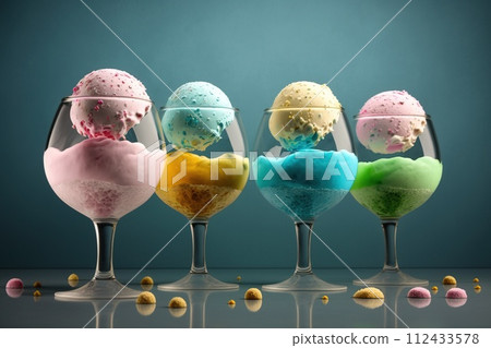 Glass goblets with colorful scoops of delicious and fresh ice cream. AI generated. 112433578