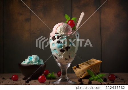 Glass goblet with multi-colored balls of delicious ice cream with a stick and berries on a dark background. AI generated. 112433582