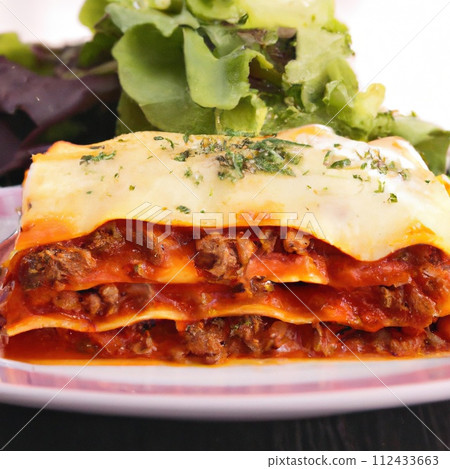 Delicious traditional classic meat lasagna. Italian food. AI generated. 112433663