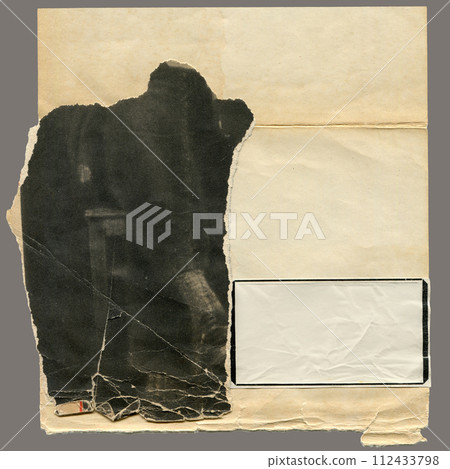 Torn paper pieces set. Light beige shapes with jagged uneven edges. Ripped different paper fragments collection. Textured grunge element bundle for collage, text box, banner, sticker, poster. 112433798