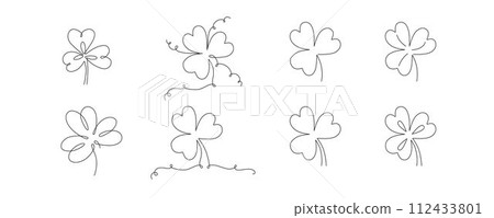 Clover flowers set for Saint Patrick day - good lucky symbol, single line. Vector stock minimalism illustration isolated on white background for design template invitation. Editable stroke. EPS10 Clover flowers set for Saint Patrick day - good lucky symbol, single line. Vector stock minimalism illustration isolated on white background for design template invitation. Editable stroke. EPS10 112433801