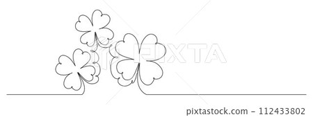 Clover flower banner for Saint Patrick day - good lucky symbol, single line. Vector stock minimalism illustration isolated on white background for design template invitation. Editable stroke. EPS10 112433802