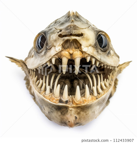 Skeleton of a scary predatory piranha fish with big teeth isolated on white close-up, dangerous animal Skeleton of a scary predatory piranha fish with big teeth isolated on white close-up, dangerous animal 112433907