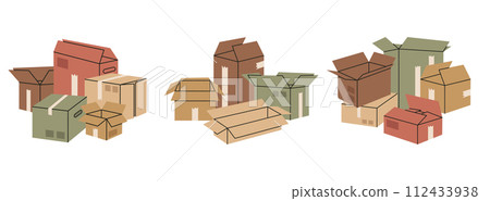 Hand drawn cargo boxes. Stacked cardboard boxes, warehouse box stack, boxes pile flat vector illustration set. Delivery or moving concept 112433938