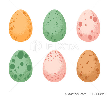 Painted Easter eggs. Easter traditional treat, hand drawn spotted eggs, cute chocolate or chicken eggs flat vector illustration set. Spring holidays decorative eggs 112433942