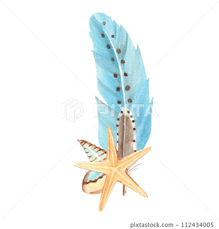 Watercolor composition from small sea shells, sea star and blue feather isolated on white background. Hand drawn illustration. 112434005