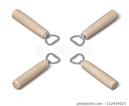 Four bottle openers with wooden handles on white 112434025