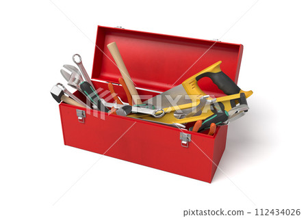 Red toolbox open with tools scattered Red toolbox open with tools scattered 112434026