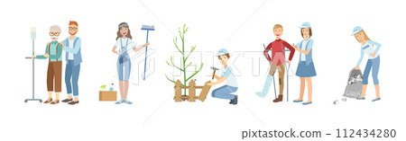 People Volunteer Character Give Help and Support Vector Set 112434280