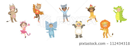 Cute Kid Character Wearing Animal Costume Enjoy Party Vector Set 112434318