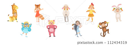 Cute Kid Character Wearing Animal Costume Enjoy Party Vector Set 112434319