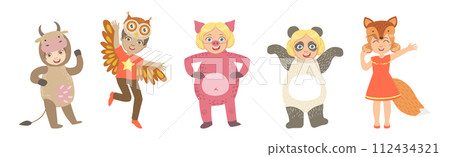 Cute Kid Character Wearing Animal Costume Enjoy Party Vector Set 112434321