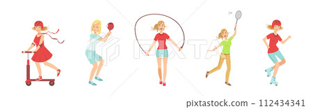 Woman Character Do Sport and Different Physical Activity Vector Set 112434341