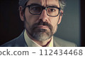 AI-generated content. Business man portrait. 40 year old business man wearing eyeglasses, looking at camera, high key, cinematic, AI generated 112434468