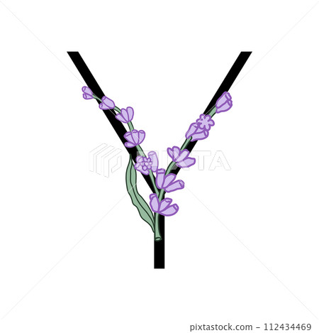 Lavender blossom violet little flower alphabet for design of card or invitation. Vector illustrations, isolated on white background for summer floral gesign. 112434469