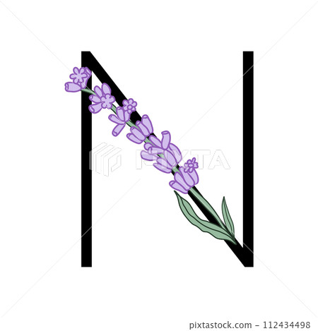 Lavender blossom violet little flower alphabet for design of card or invitation. Vector illustrations, isolated on white background for summer floral gesign. 112434498