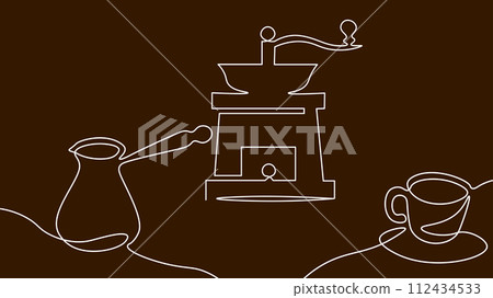 Single continuous line art. Coffee bean morning cafe hot drink silhouette concept design one sketch outline drawing vector illustration 112434533
