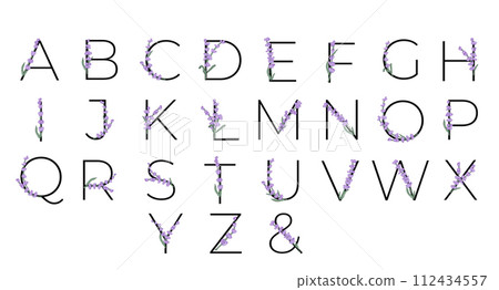 Lavender blossom violet little flower alphabet for design of card or invitation. Vector illustrations, isolated on white background for summer floral gesign. Lavender blossom violet little flower alphabet for design of card or invitation. Vector illustrations, isolated on white background for summer floral gesign. 112434557