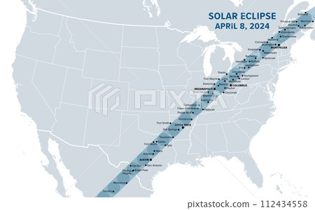 Great American Total Solar Eclipse of April 8, 2024. Political map containing names of cities inside the path of totality. Visible across North America, passing over Mexico, United States, and Canada. Great American Total Solar Eclipse of April 8, 2024. Political map containing names of cities inside the path of totality. Visible across North America, passing over Mexico, United States, and Canada. 112434558