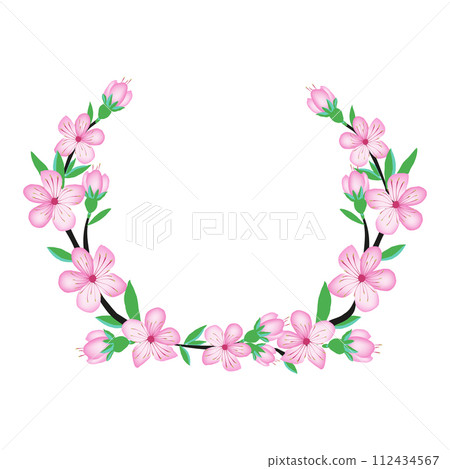 Sakura pink cherry blossom flower branch wreath, isolate on white background for wedding card, invite, fabric design, scrapbook, origami. Vector japan style spring background. 112434567
