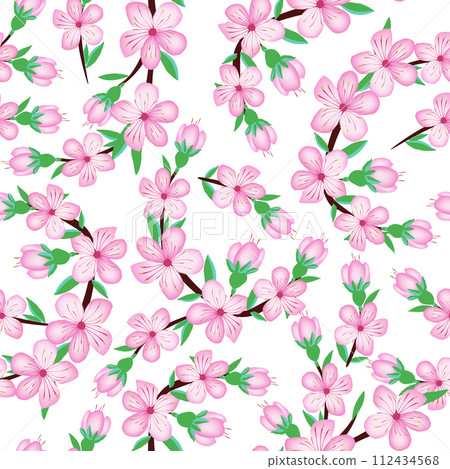 Sakura cherry blossom flower seamless pattern on light background for card , invite, fabric design, scrapbook, origami . Vector japan style spring background 112434568