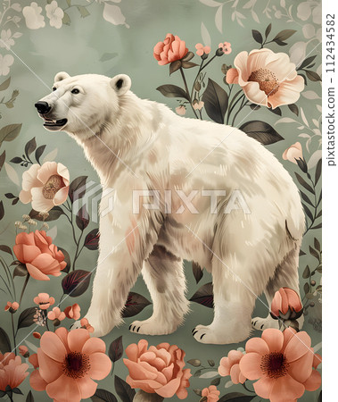AI-generated content. A polar bear, a carnivore, stands majestically in a field of flowers. The contrast between the big cat and the delicate plant life creates a stunning photograph 112434582