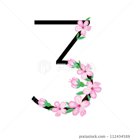Sakura blossom pink little flower alphabet for design of card or invitation. Vector cherry floral branch illustrations, isolated on white background for spring design 112434589