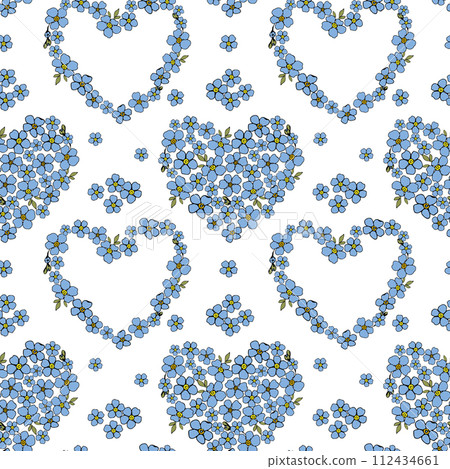 Forget me not wild little blue flower hearts seamless pattern for surface design. Hand drawn floral vector spring background, for textile design, scrapbook, wallpaper 112434661