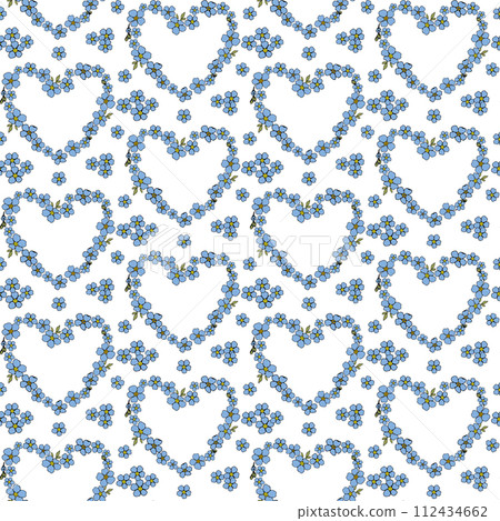 Forget me not wild little blue flower hearts seamless pattern for surface design. Hand drawn floral vector spring background, for textile design, scrapbook, wallpaper 112434662